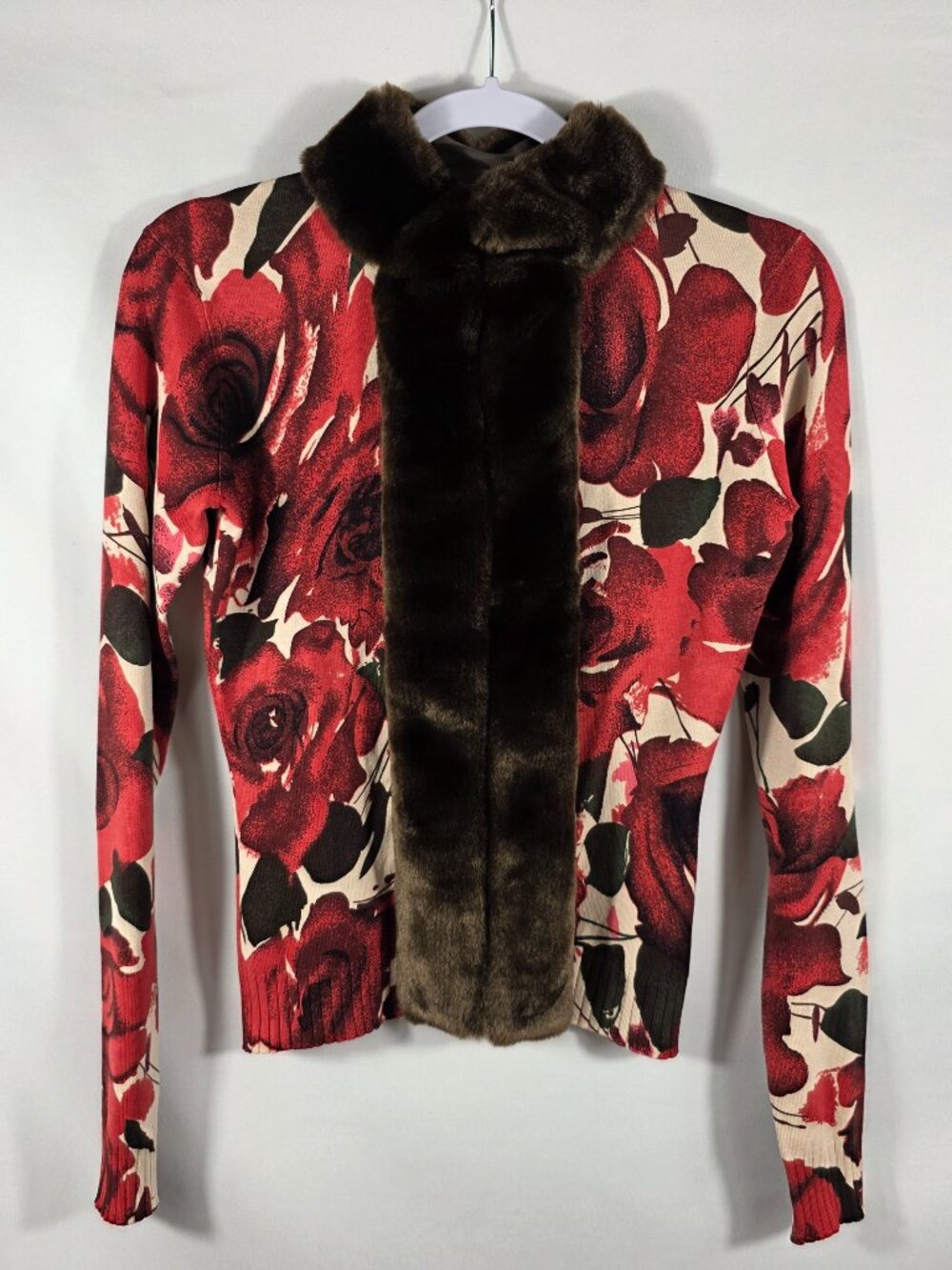 Moda International Silk Blend Cardigan Size XS Brown & Red Floral Faux Fur
